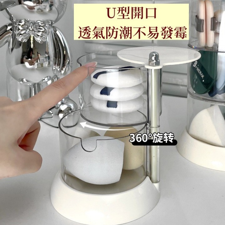 【台灣收納】❤️‍🔥現貨秒出網美推薦【簡約風】❤️‍🔥【粉撲收納盒】旋轉防塵美妝蛋化妝棉置物架桌面透明架子氣墊盒-細節圖2