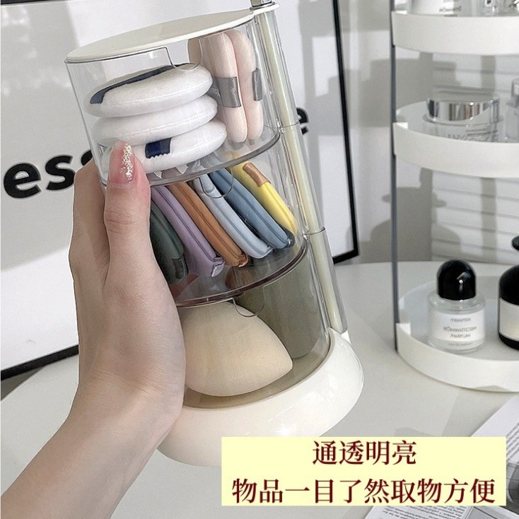 【台灣收納】❤️‍🔥現貨秒出網美推薦【簡約風】❤️‍🔥【粉撲收納盒】旋轉防塵美妝蛋化妝棉置物架桌面透明架子氣墊盒-細節圖3