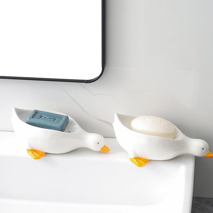 【台灣現貨】✅現貨創意 鴨子 陶瓷肥皂🧼可愛🐑羊咩咩 鴨子 香皂盒 置物架 洗手間 廁所 不積水 瀝水皂 碟托-細節圖3