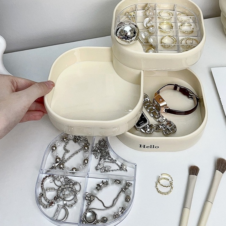 【台灣收納】✅現貨秒出ins風🤍🤍首飾盒可旋轉 多層 梳妝台 飾品耳環 戒指首飾品 桌面收納盒 A47-細節圖2