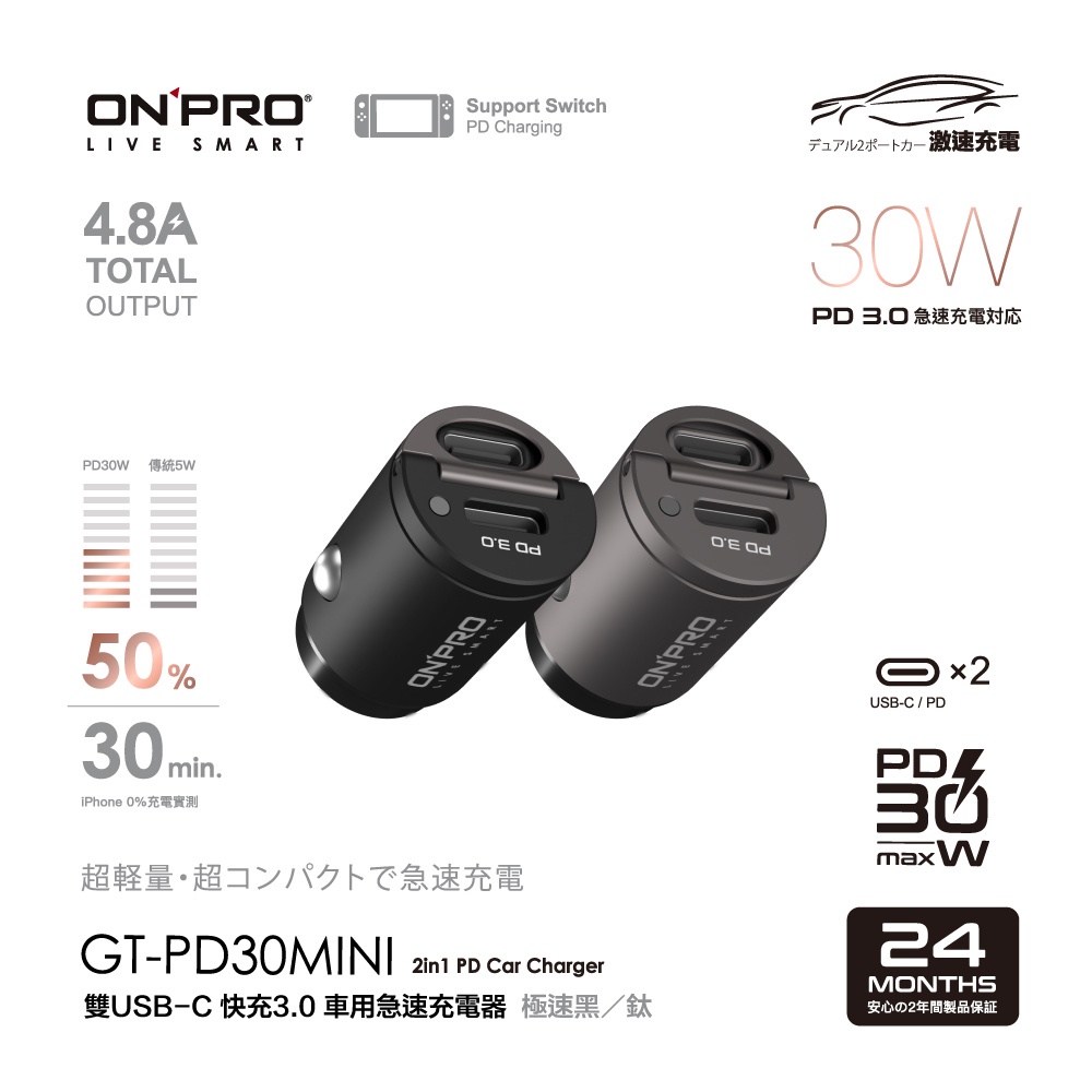 【ONPRO】GT-PD30MINI PD30W 隱藏式雙USB-C Type-C 迷你PD 快充車用充電器 車充
