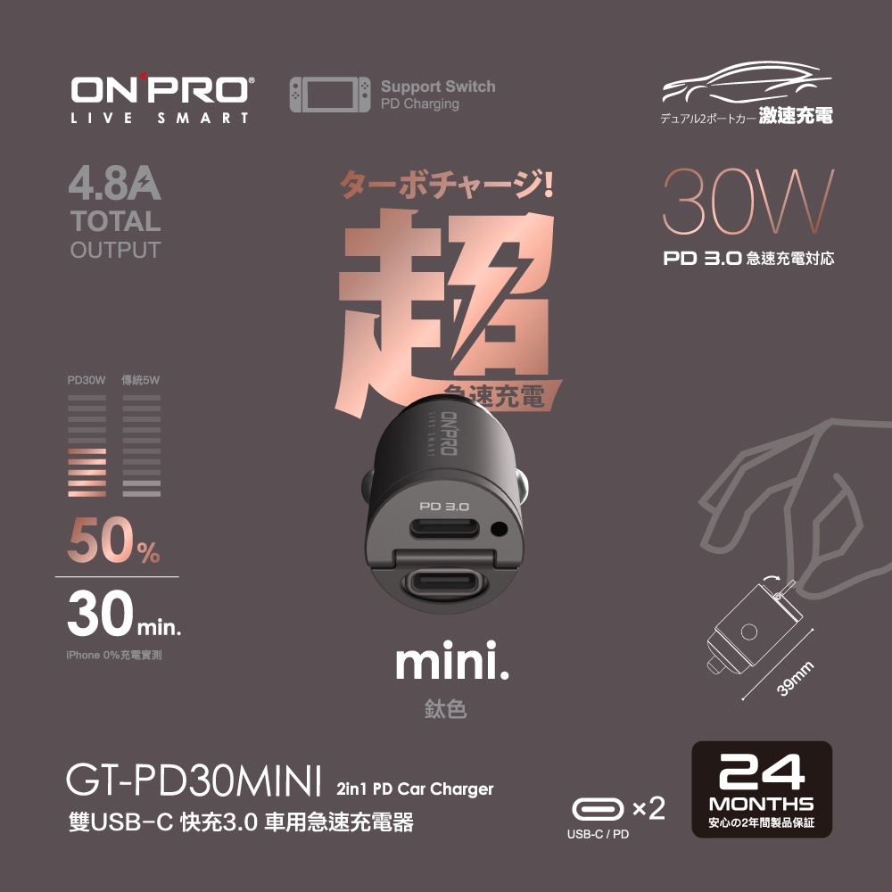 【ONPRO】GT-PD30MINI PD30W 隱藏式雙USB-C Type-C 迷你PD 快充車用充電器 車充-細節圖7