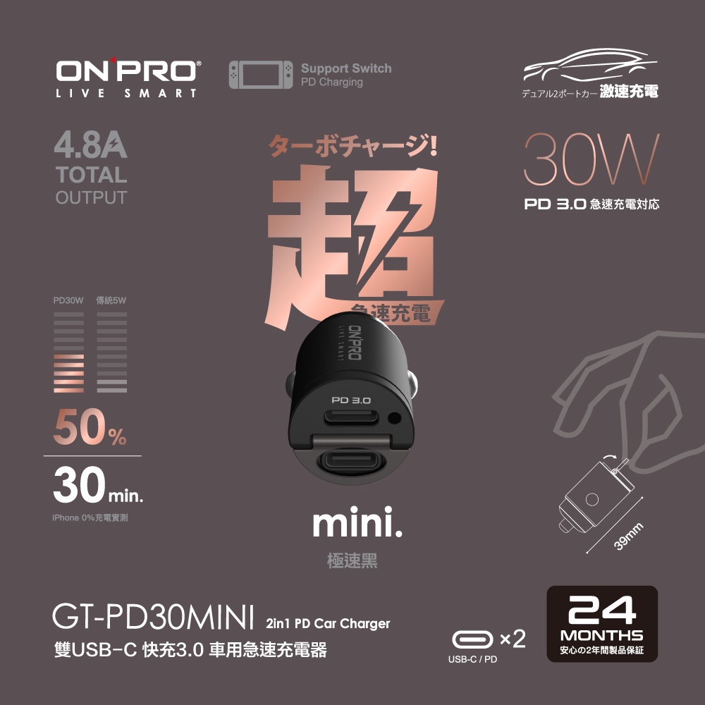 【ONPRO】GT-PD30MINI PD30W 隱藏式雙USB-C Type-C 迷你PD 快充車用充電器 車充-細節圖8