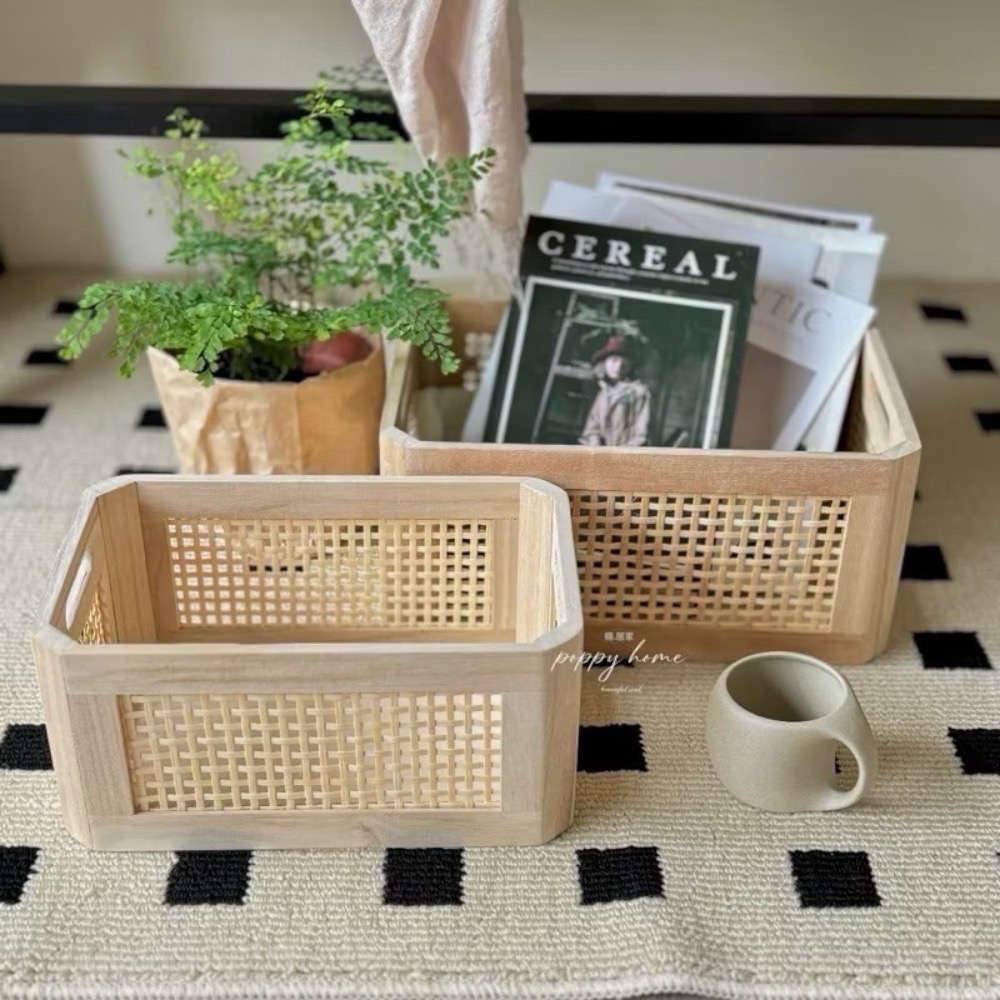 poppy-手工藤編收納盒 木籃 木盒收納籃 桌上收納盒 餐桌收納 櫃子收納 雜物收納框 化妝品收納-細節圖2