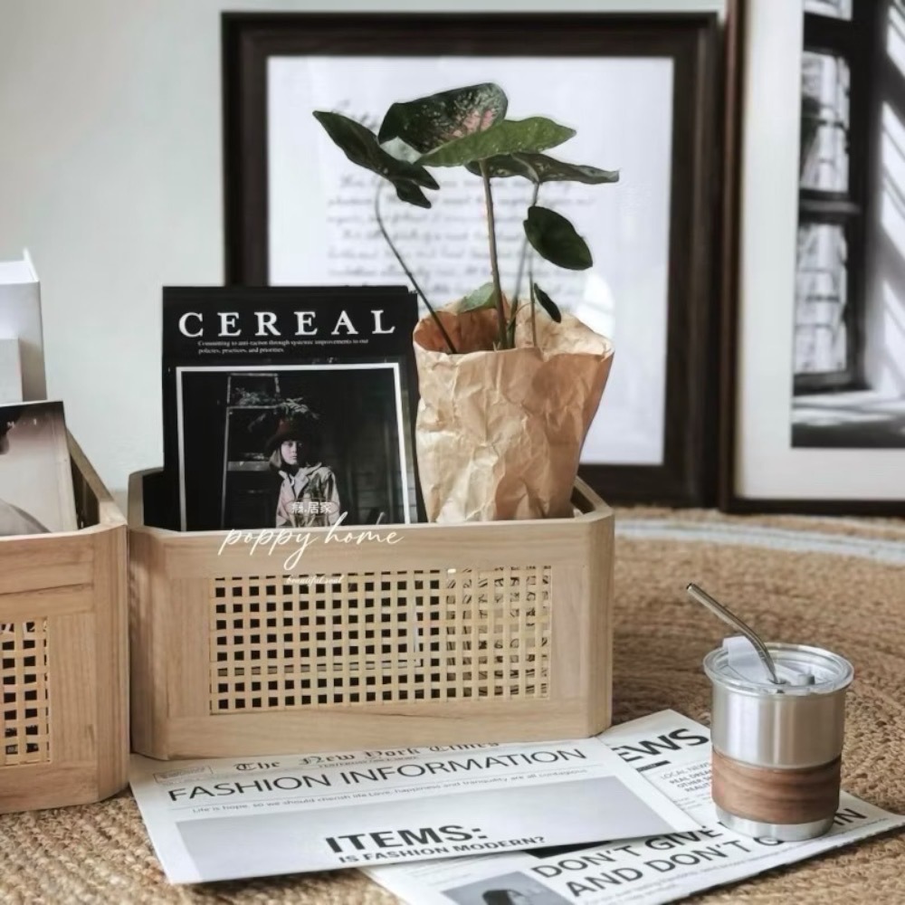 poppy-手工藤編收納盒 木籃 木盒收納籃 桌上收納盒 餐桌收納 櫃子收納 雜物收納框 化妝品收納-細節圖3