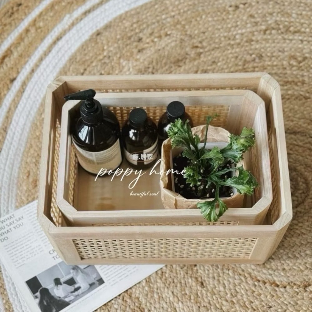 poppy-手工藤編收納盒 木籃 木盒收納籃 桌上收納盒 餐桌收納 櫃子收納 雜物收納框 化妝品收納-細節圖4