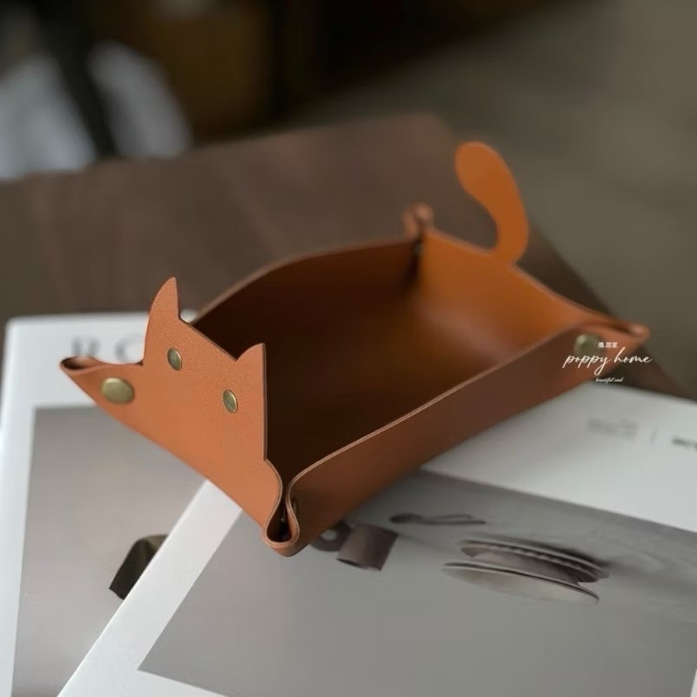 poppy-奶杏色皮革玄關收納盒 奶茶色系北歐風客廳玄關收納盤 鑰匙收納 飾品收納 貓咪皮革零錢盒首飾盤厚實耐用-細節圖2