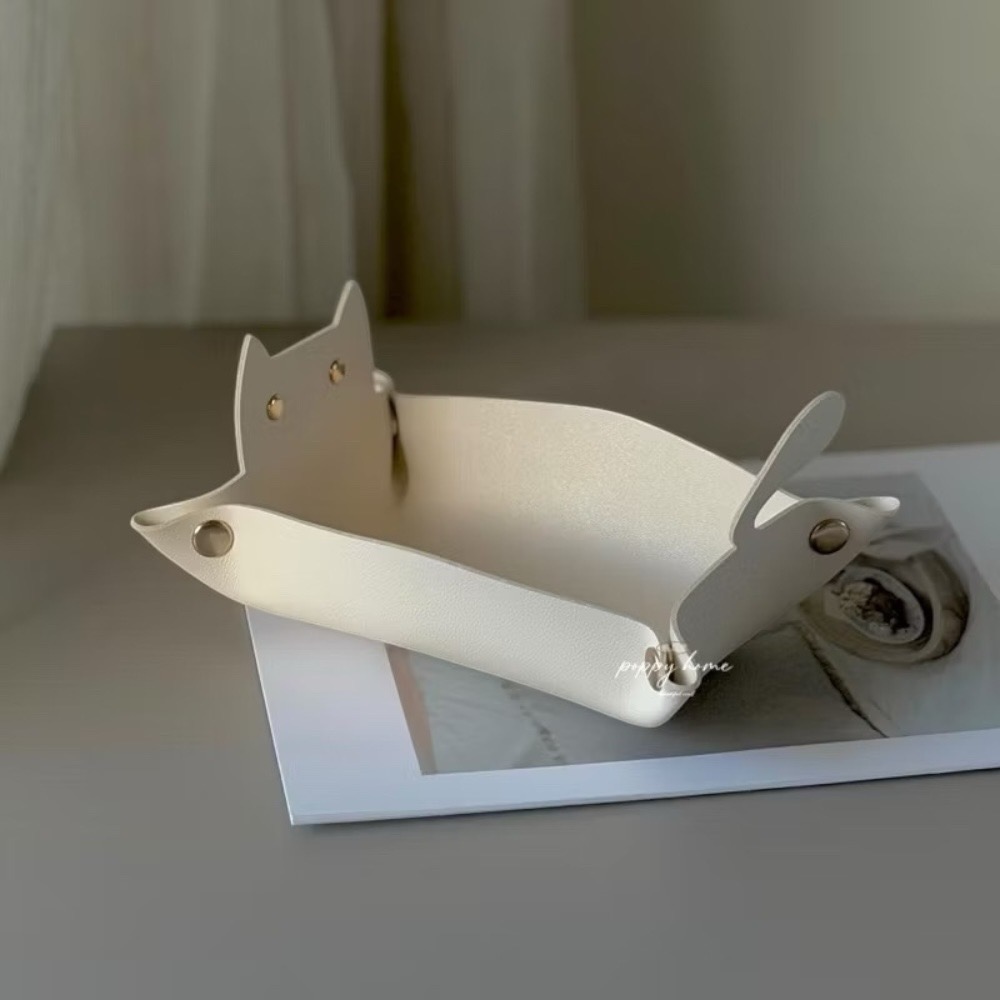 poppy-奶杏色皮革玄關收納盒 奶茶色系北歐風客廳玄關收納盤 鑰匙收納 飾品收納 貓咪皮革零錢盒首飾盤厚實耐用-細節圖3