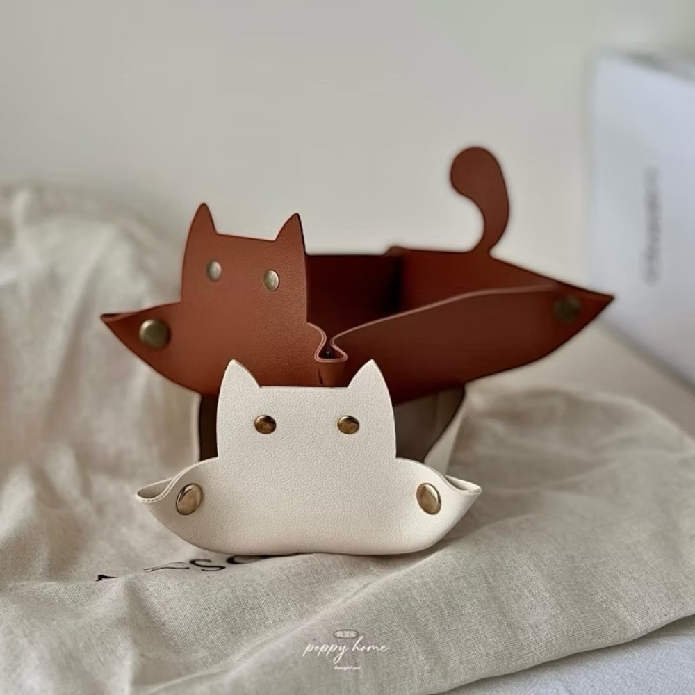 poppy-奶杏色皮革玄關收納盒 奶茶色系北歐風客廳玄關收納盤 鑰匙收納 飾品收納 貓咪皮革零錢盒首飾盤厚實耐用-細節圖4