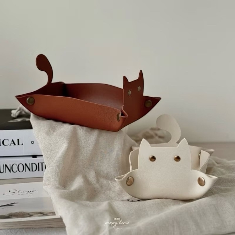 poppy-奶杏色皮革玄關收納盒 奶茶色系北歐風客廳玄關收納盤 鑰匙收納 飾品收納 貓咪皮革零錢盒首飾盤厚實耐用-細節圖5