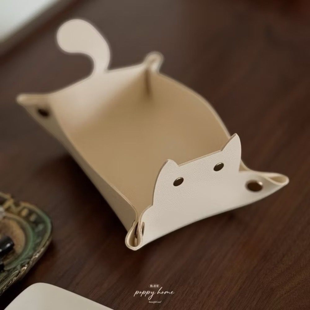 poppy-奶杏色皮革玄關收納盒 奶茶色系北歐風客廳玄關收納盤 鑰匙收納 飾品收納 貓咪皮革零錢盒首飾盤厚實耐用-細節圖6