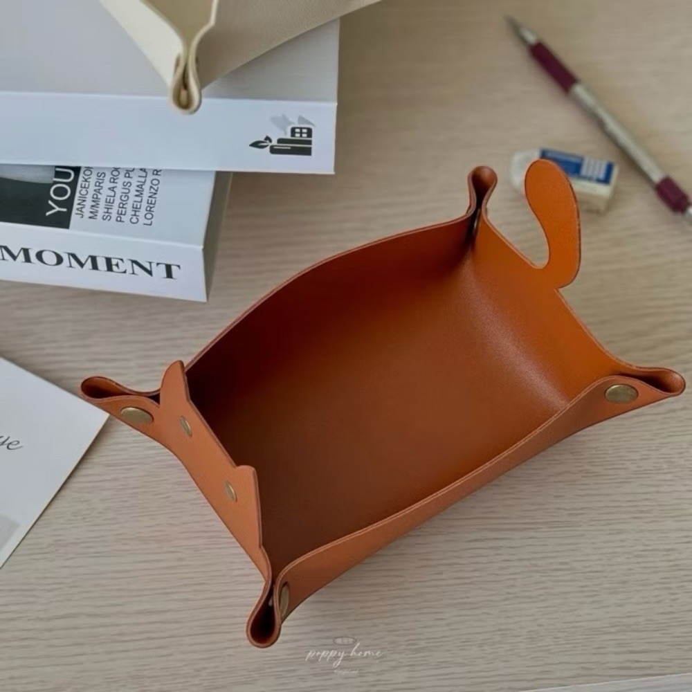 poppy-奶杏色皮革玄關收納盒 奶茶色系北歐風客廳玄關收納盤 鑰匙收納 飾品收納 貓咪皮革零錢盒首飾盤厚實耐用-細節圖7