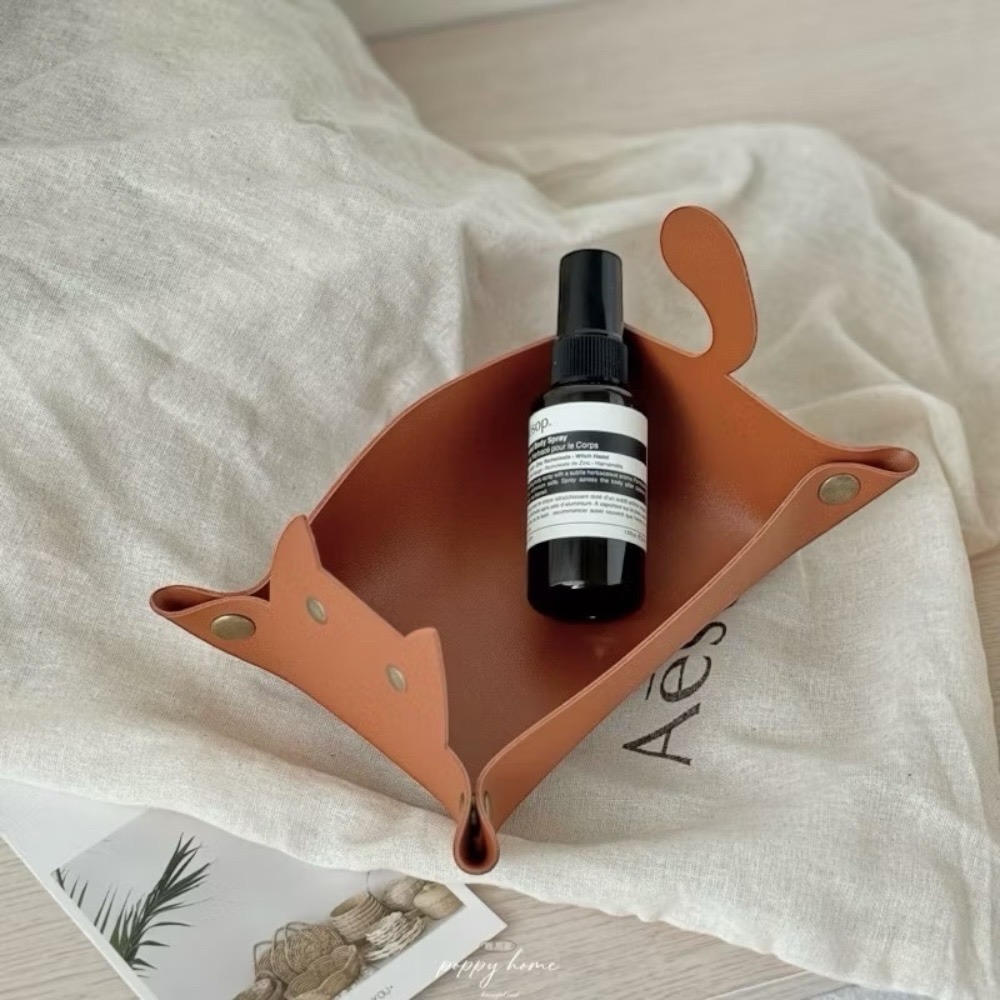 poppy-奶杏色皮革玄關收納盒 奶茶色系北歐風客廳玄關收納盤 鑰匙收納 飾品收納 貓咪皮革零錢盒首飾盤厚實耐用-細節圖8