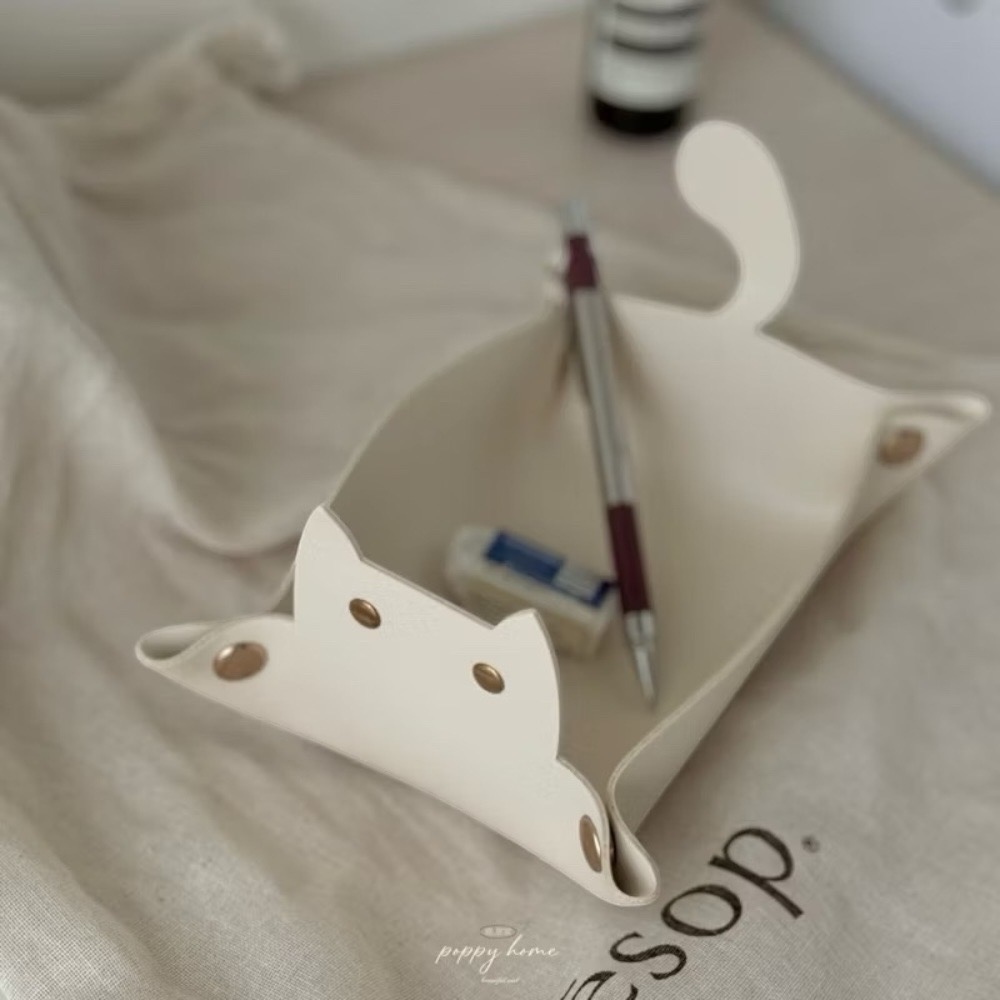 poppy-奶杏色皮革玄關收納盒 奶茶色系北歐風客廳玄關收納盤 鑰匙收納 飾品收納 貓咪皮革零錢盒首飾盤厚實耐用-細節圖9