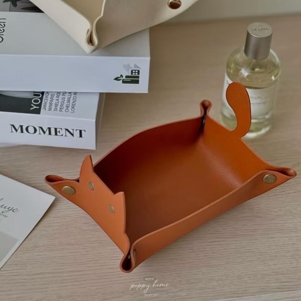 poppy-奶杏色皮革玄關收納盒 奶茶色系北歐風客廳玄關收納盤 鑰匙收納 飾品收納 貓咪皮革零錢盒首飾盤厚實耐用-規格圖9