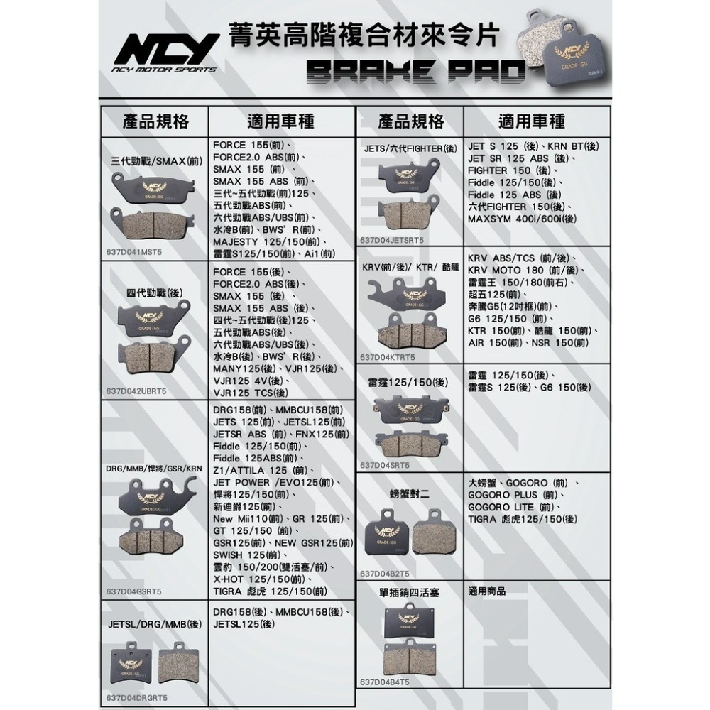 NCY 菁英高階複合材來令片 煞車皮 對四 螃蟹 JET 勁戰 DRG KRV MMB 雷霆 FORCE 歐格 來令片-細節圖2