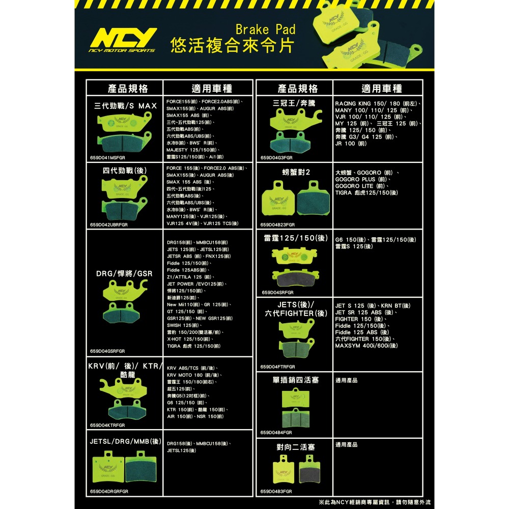 NCY 悠活複合材來令片 煞車皮 對四 螃蟹 JET 勁戰 DRG KRV MMB 雷霆 FORCE 歐格 來令片-細節圖4