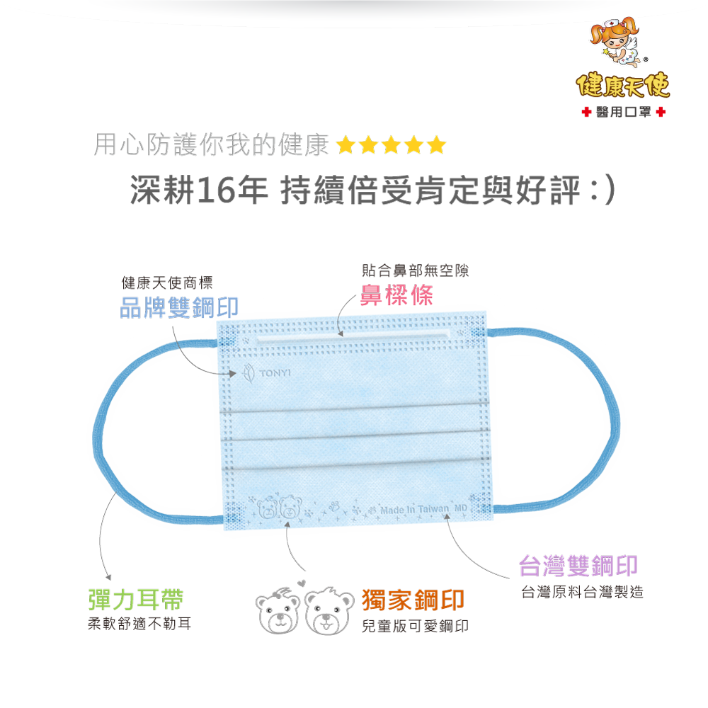 健康天使口罩【嬰幼2~6歲】平面醫療口罩 透氣口罩 Face Mask 台灣製 德國抑菌原料-細節圖4