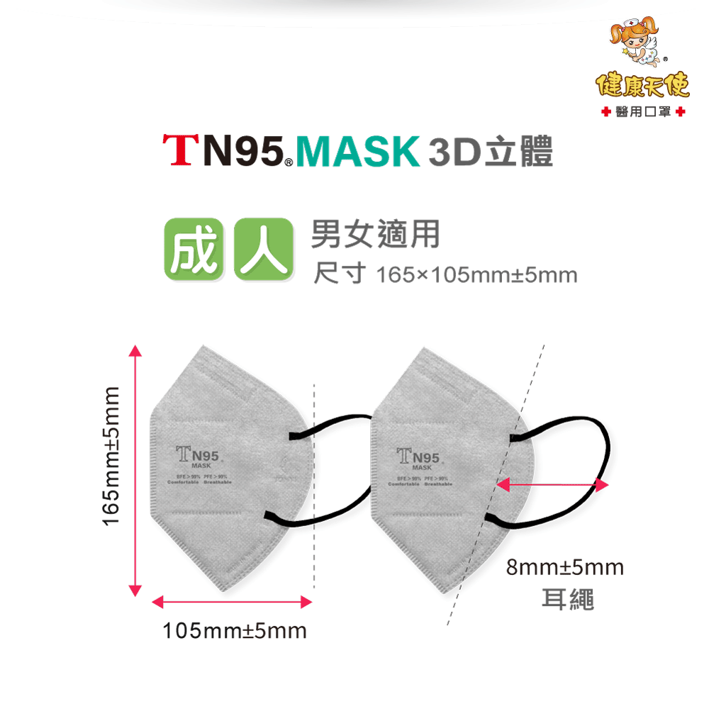 健康天使3D口罩【TN95 成人】醫護人員專用 BFE>99% 台灣製 Face Mas-細節圖9