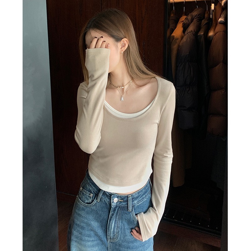 nuzi 甜慾辣妹 修身百搭 假兩件式內搭上衣 打底衫T恤-細節圖2