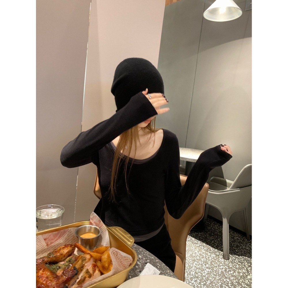 nuzi 甜慾辣妹 修身百搭 假兩件式內搭上衣 打底衫T恤-細節圖3