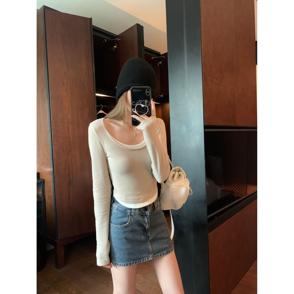 nuzi 甜慾辣妹 修身百搭 假兩件式內搭上衣 打底衫T恤-細節圖4