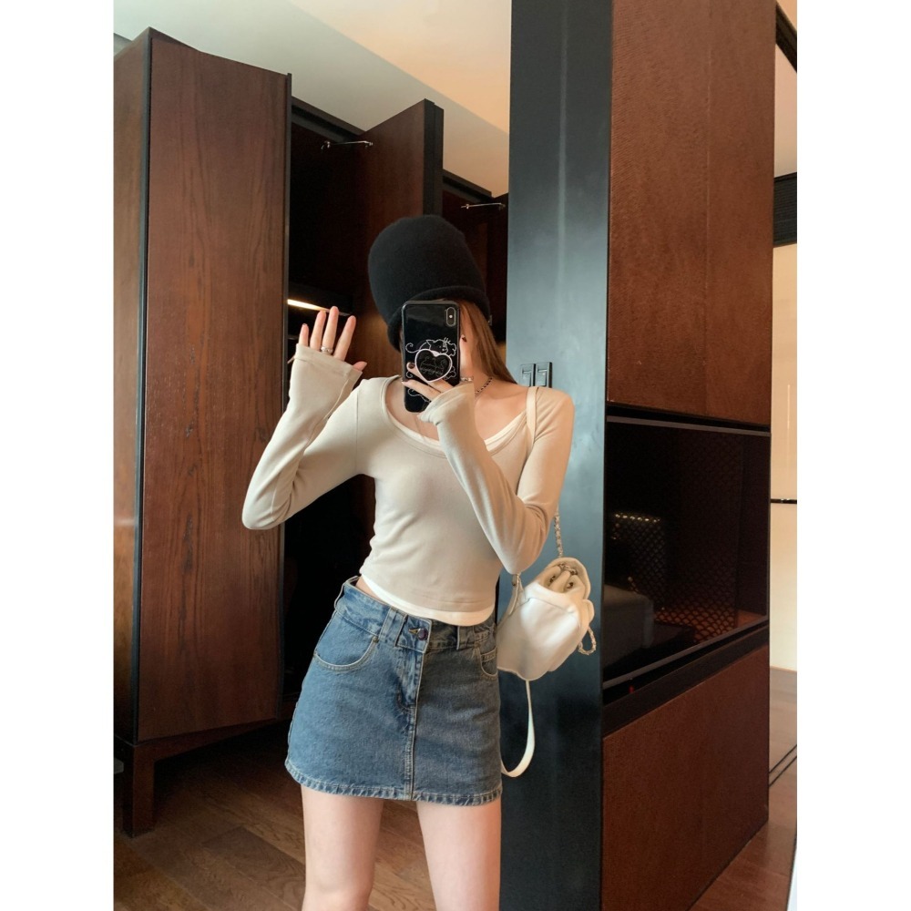 nuzi 甜慾辣妹 修身百搭 假兩件式內搭上衣 打底衫T恤-細節圖5