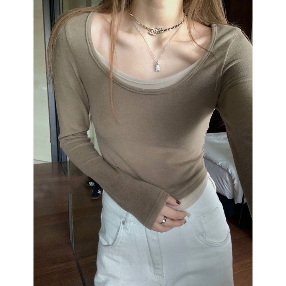 nuzi 甜慾辣妹 修身百搭 假兩件式內搭上衣 打底衫T恤-細節圖6