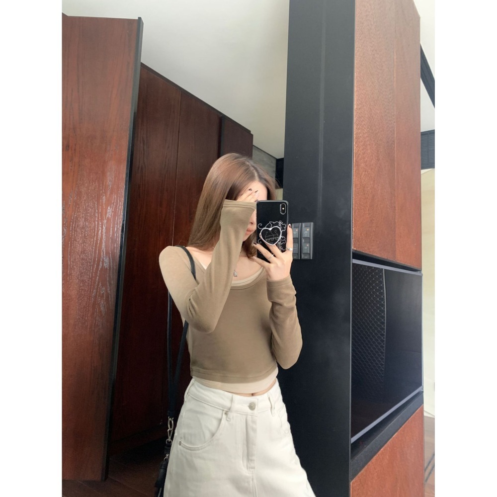 nuzi 甜慾辣妹 修身百搭 假兩件式內搭上衣 打底衫T恤-細節圖7