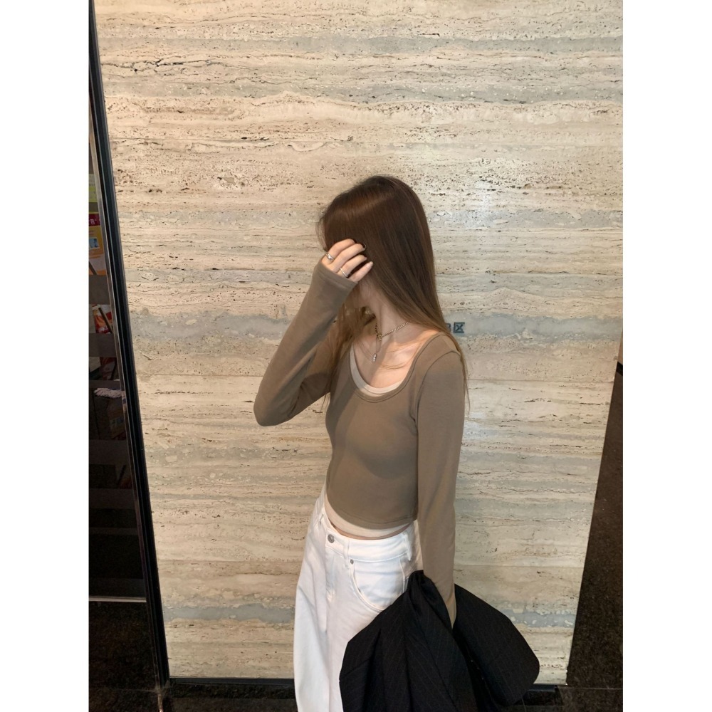 nuzi 甜慾辣妹 修身百搭 假兩件式內搭上衣 打底衫T恤-細節圖8