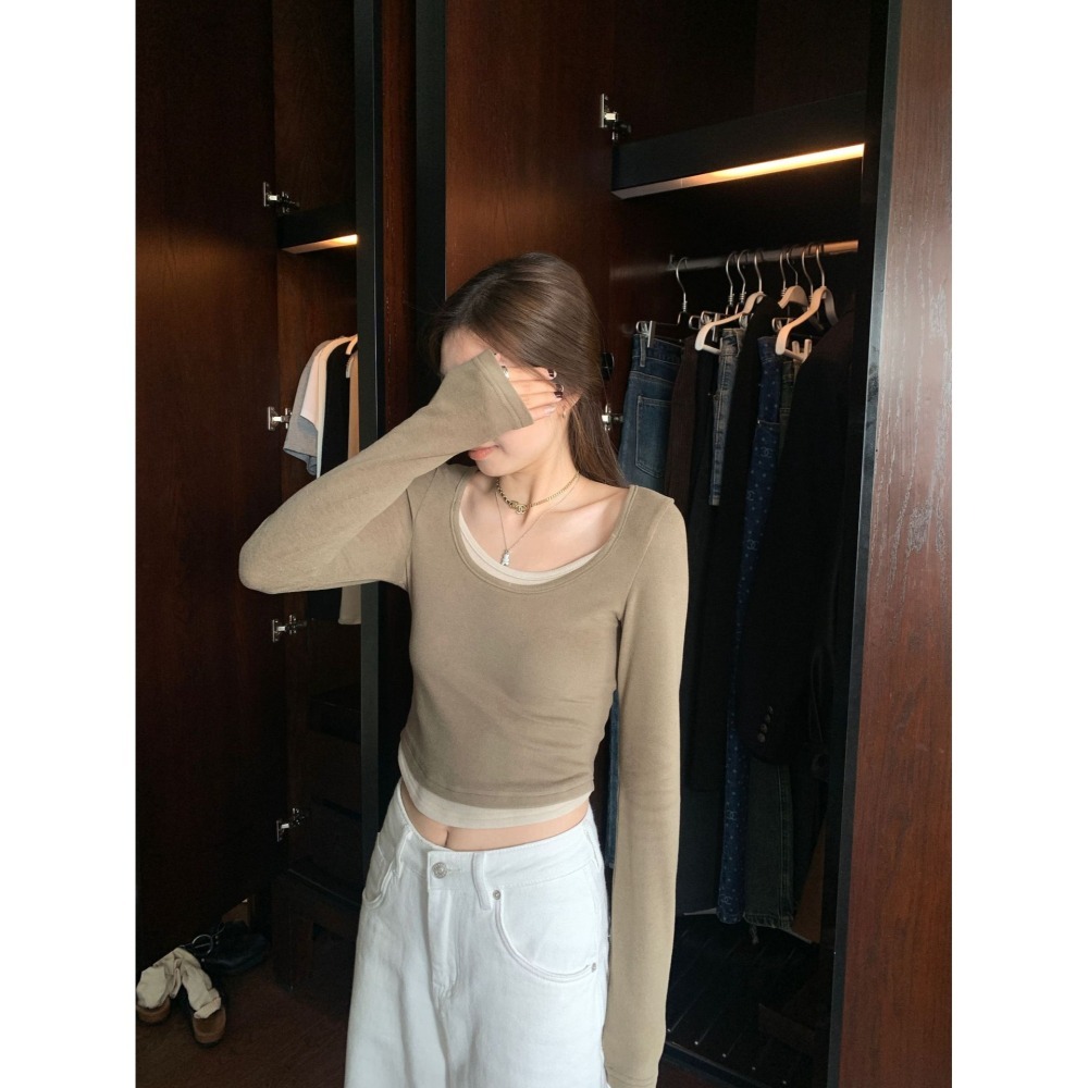 nuzi 甜慾辣妹 修身百搭 假兩件式內搭上衣 打底衫T恤-細節圖9