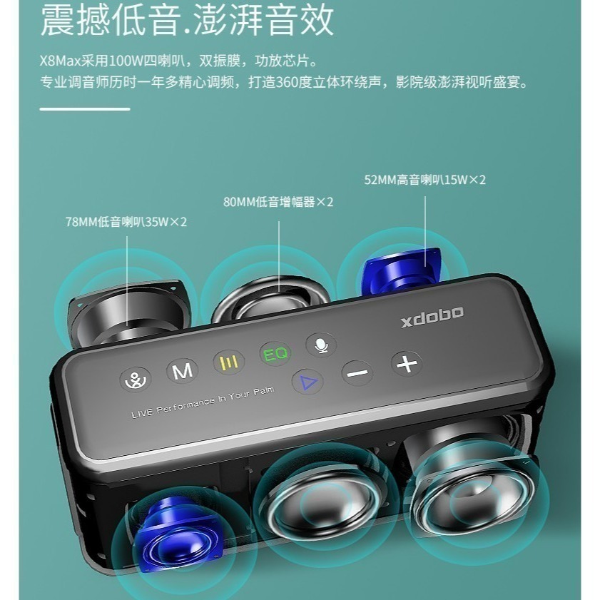 【震庸公司獨代商家廠商強力推薦】喜多寶XDOBO X8 MAX 100W 串聯2.2聲道中高音出色重低音札實實力派音箱-細節圖5