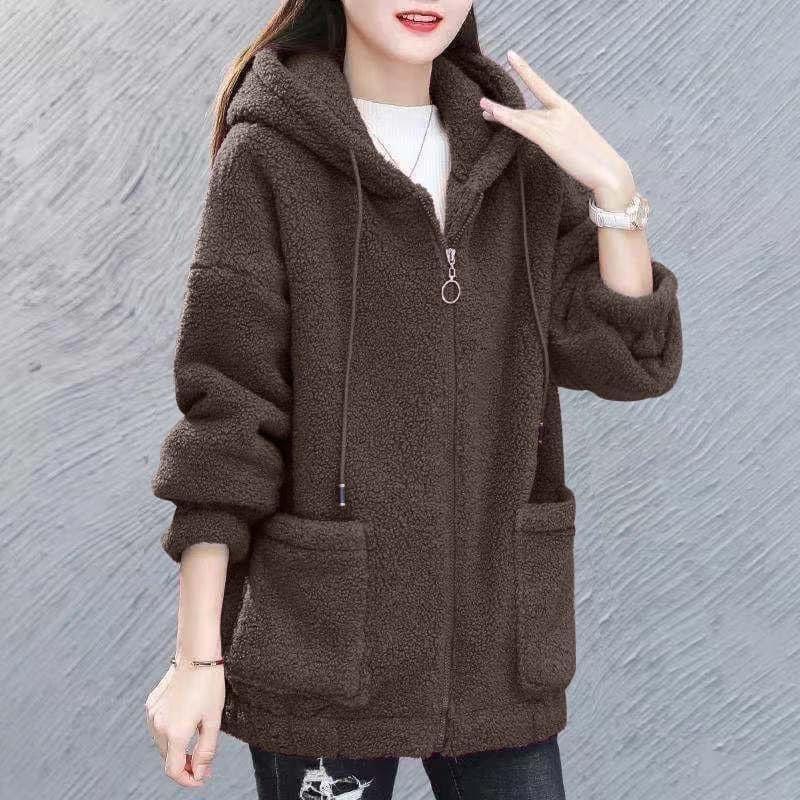 秋冬整件羊羔絨加厚大口袋連帽外套-細節圖4
