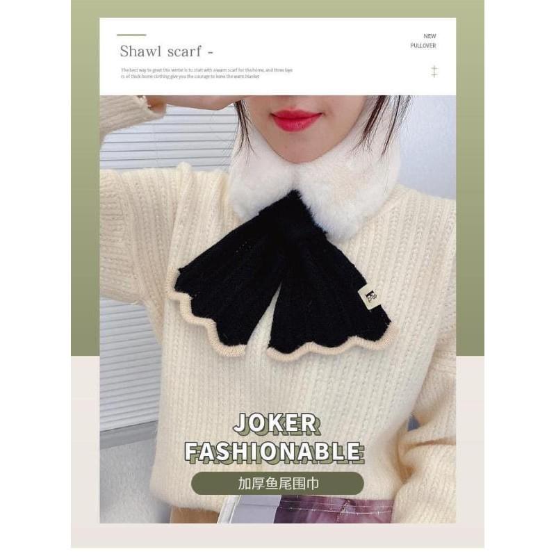 魚尾仿兔毛保暖交叉毛領圍巾-細節圖2