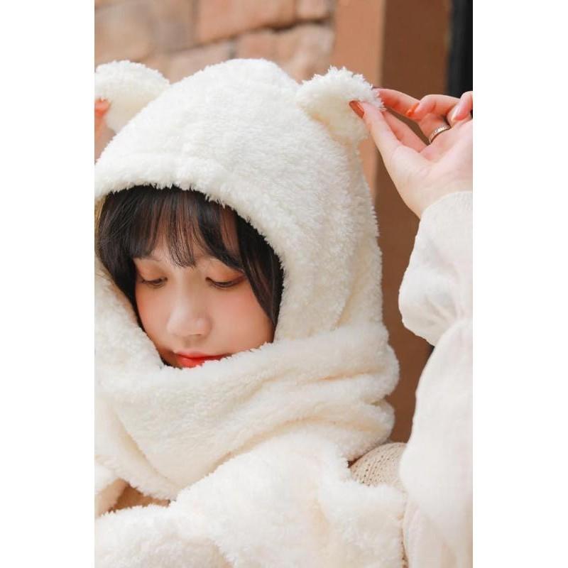 Jennie同款小熊毛絨保暖帽子+圍巾一體-細節圖2