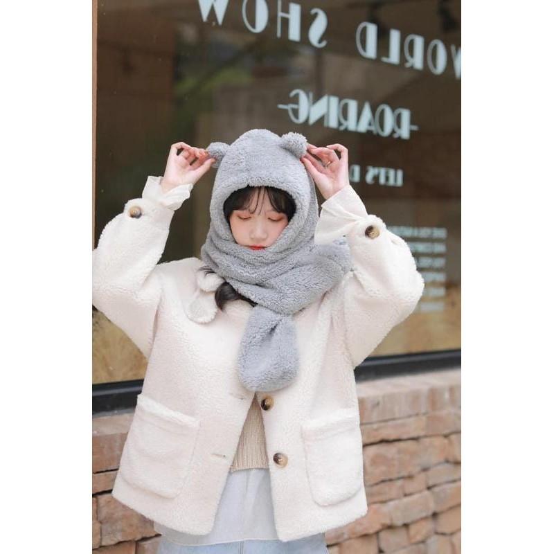 Jennie同款小熊毛絨保暖帽子+圍巾一體-細節圖3