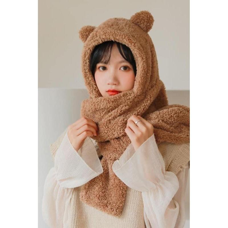 Jennie同款小熊毛絨保暖帽子+圍巾一體-細節圖4