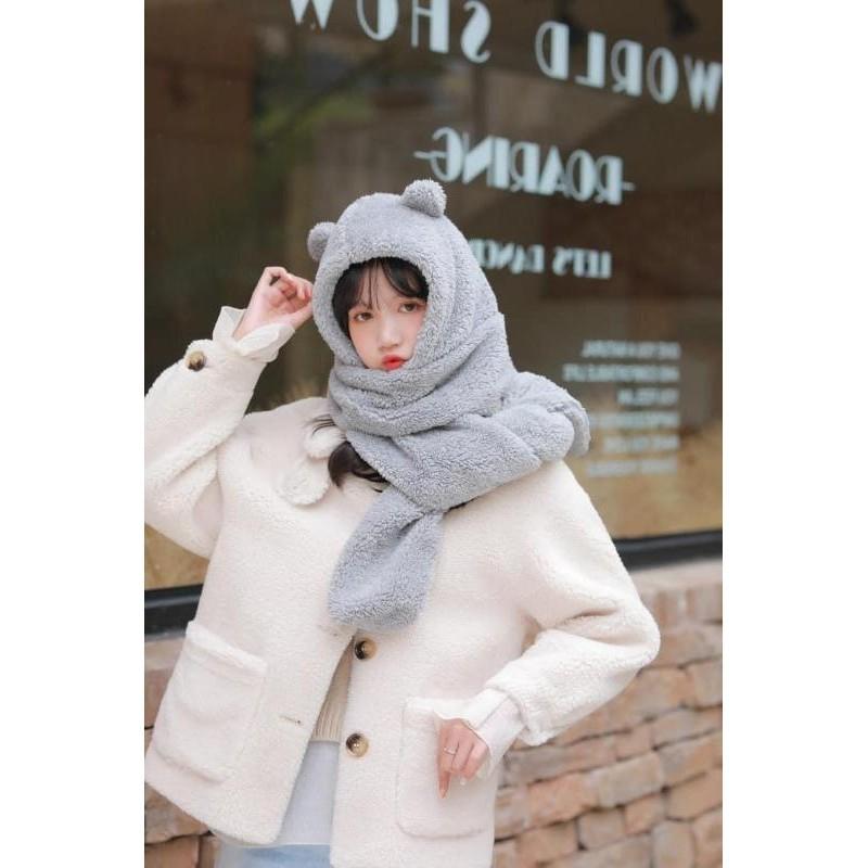 Jennie同款小熊毛絨保暖帽子+圍巾一體-細節圖5