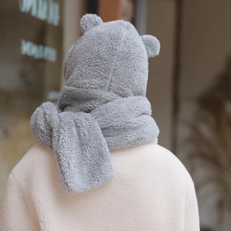 Jennie同款小熊毛絨保暖帽子+圍巾一體-細節圖6