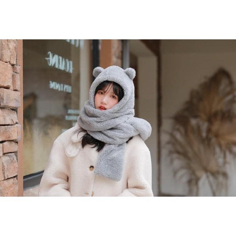 Jennie同款小熊毛絨保暖帽子+圍巾一體-細節圖7