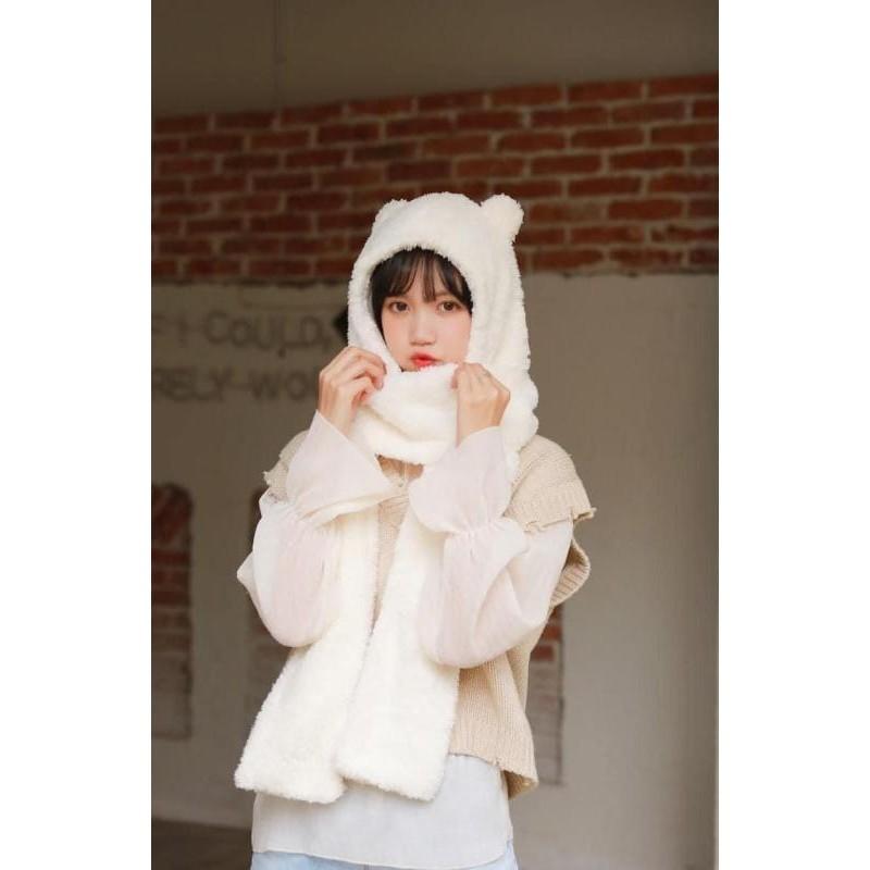 Jennie同款小熊毛絨保暖帽子+圍巾一體-細節圖8