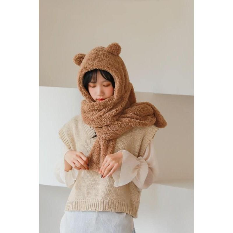 Jennie同款小熊毛絨保暖帽子+圍巾一體-細節圖9