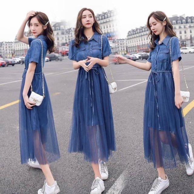 牛仔翻領拼接紗裙收腰連衣裙-細節圖2