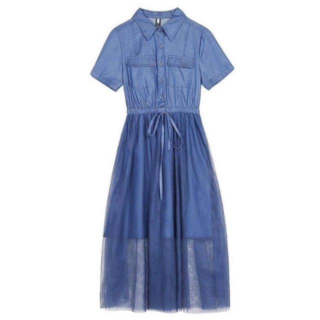 牛仔翻領拼接紗裙收腰連衣裙-細節圖3