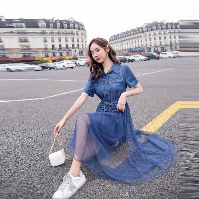 牛仔翻領拼接紗裙收腰連衣裙-細節圖4