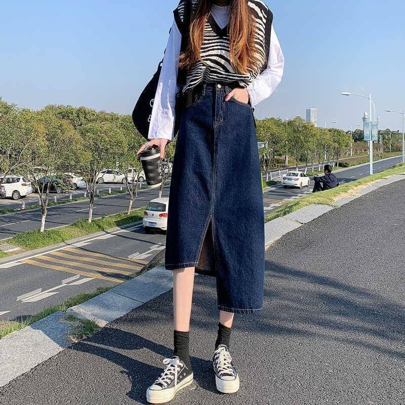 KITTY雜貨舖～不對稱開叉牛仔長裙-細節圖3