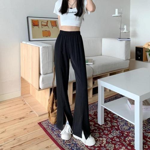 女款高腰顯瘦垂感開叉微喇叭長褲-細節圖2