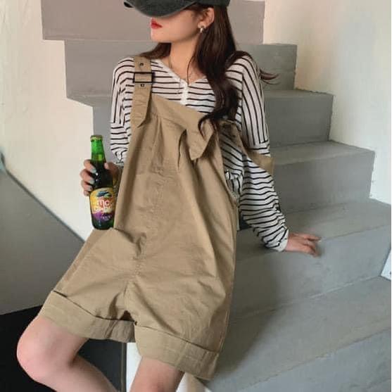 休閒寬鬆捲邊闊腿工裝吊帶短褲-細節圖2