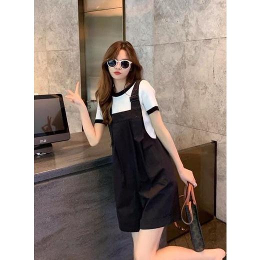 休閒寬鬆捲邊闊腿工裝吊帶短褲-細節圖4