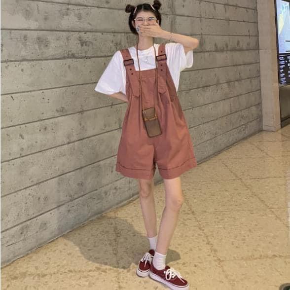 休閒寬鬆捲邊闊腿工裝吊帶短褲-細節圖6